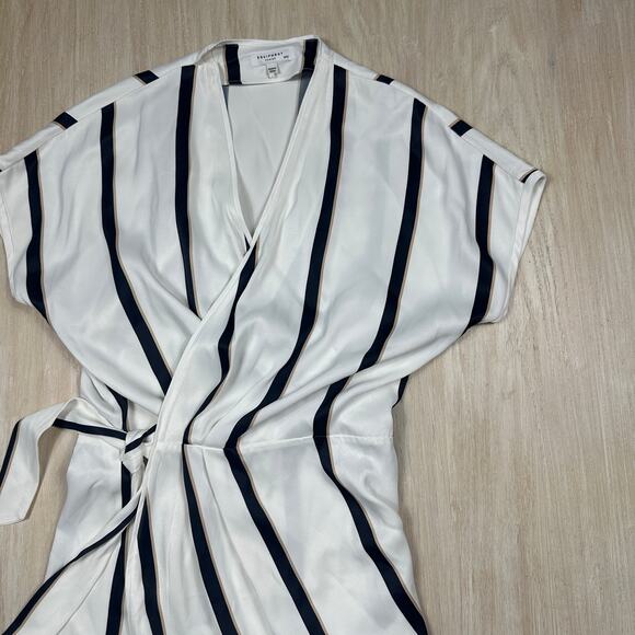 Equipment Striped Work Elegant Short Date Night Sleeve Wrap Midi Dress Medium - Picture 2 of 14